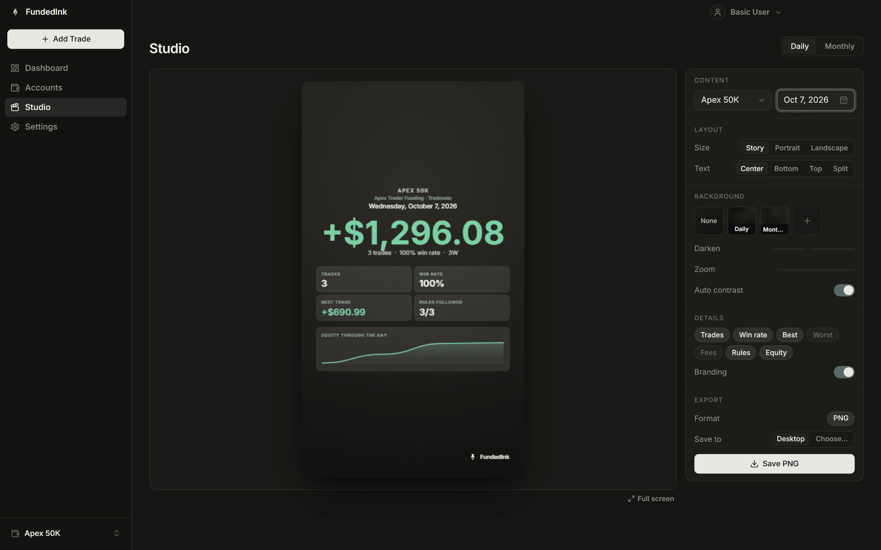 FundedInk Studio daily recap editor with a story-format preview and layout controls